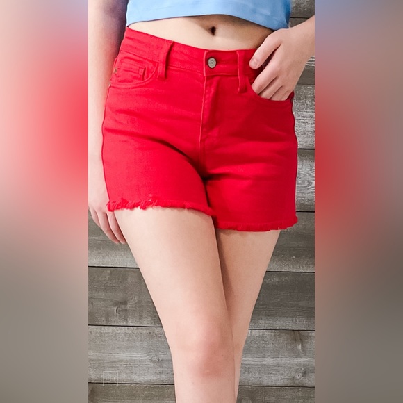 Judy Blue Pants - BOLD! judy blue mid rise red garment dyed fray hem cutoff shorts JB150242PL